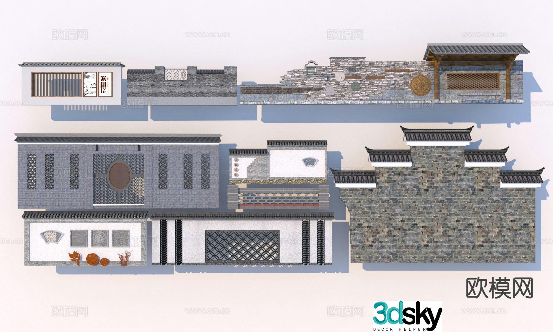 New Chinese style blue brick wall blue tile wall landscape wall 3D model