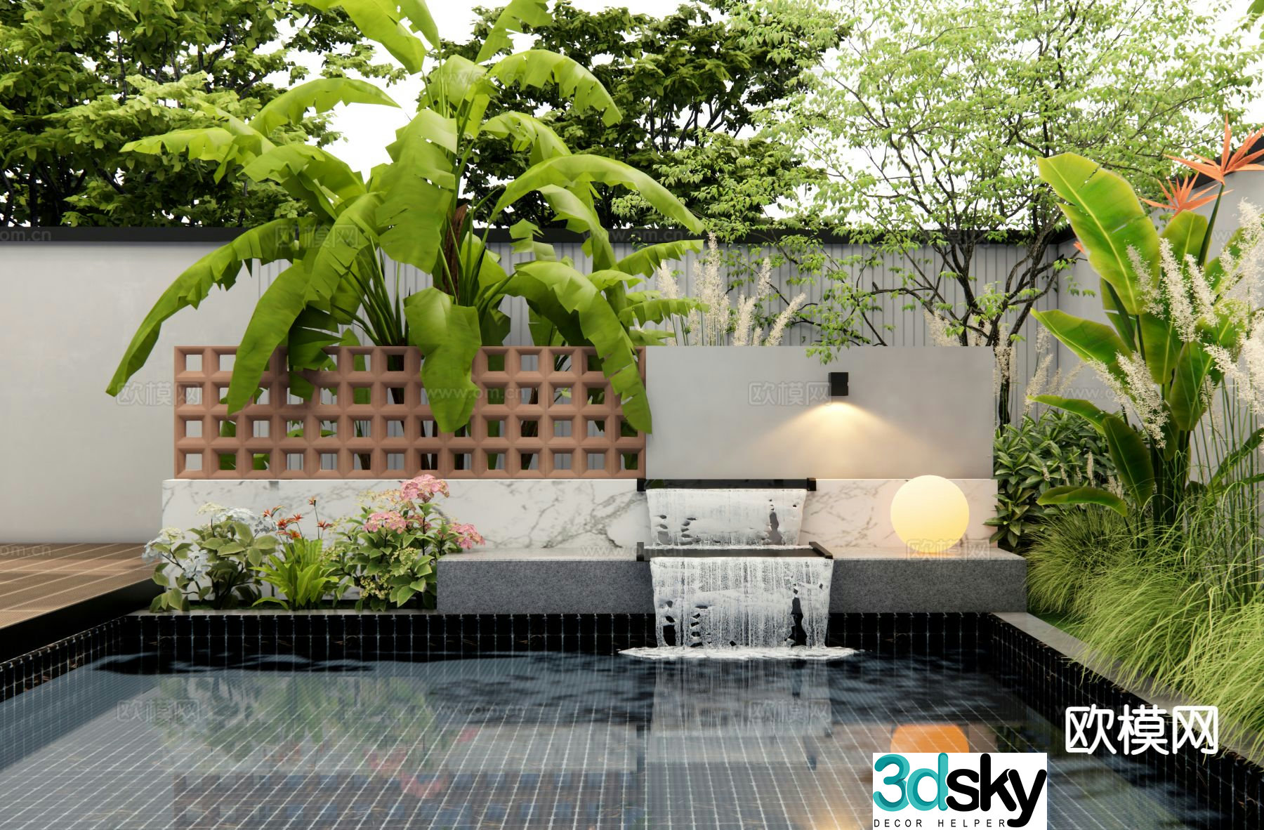 Modern courtyard water feature falling water landscape 3D model