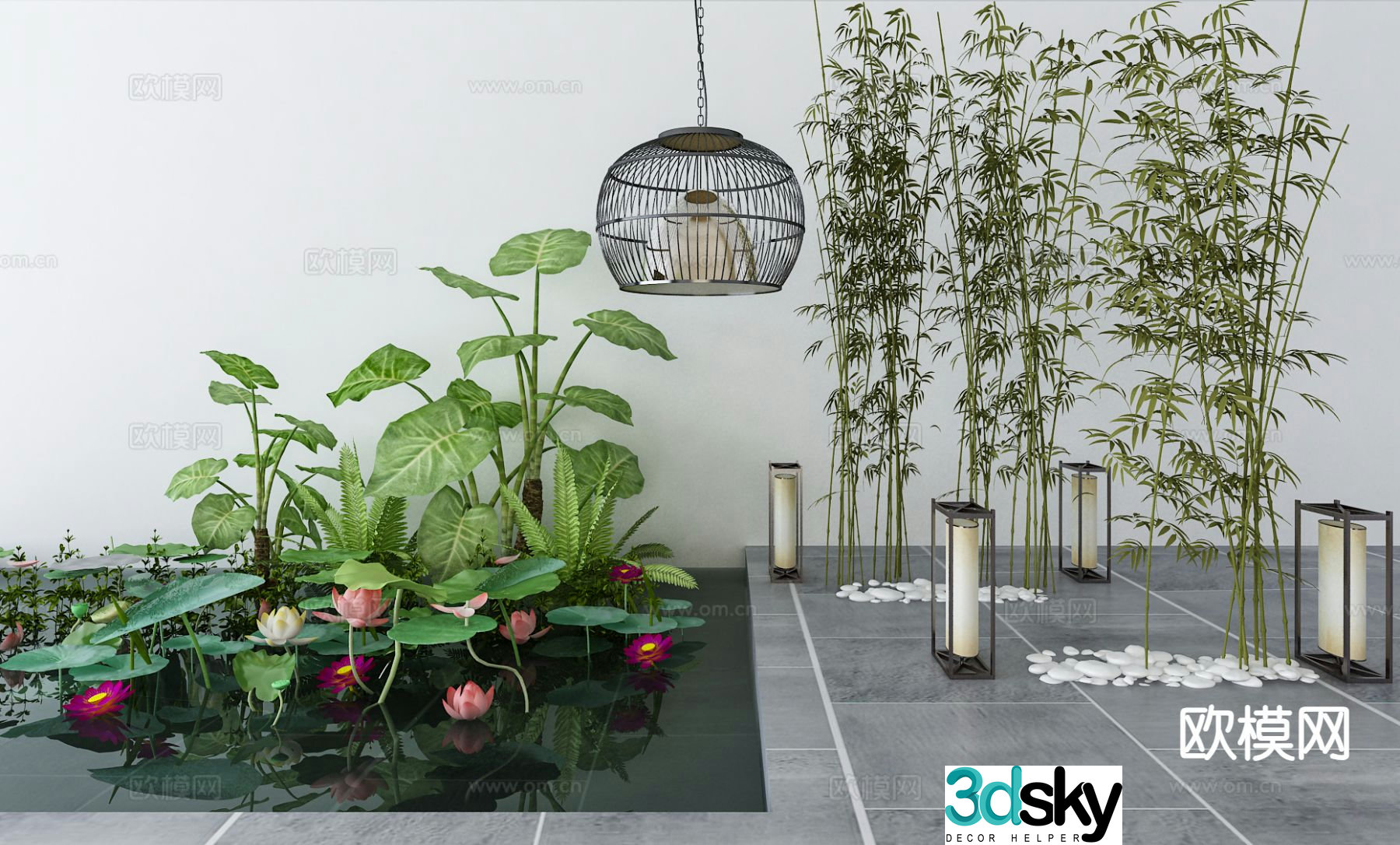 New Chinese style landscape sketch d model of lotus pond