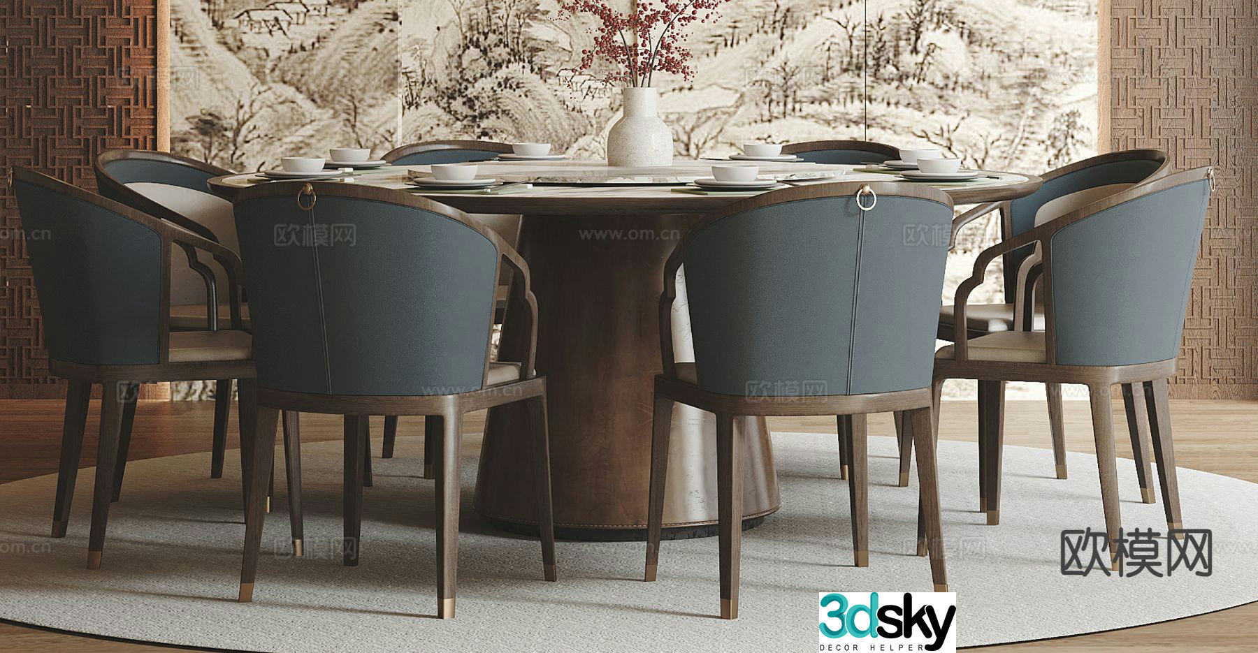 New Chinese style dining table and chairs round dining table 3d model