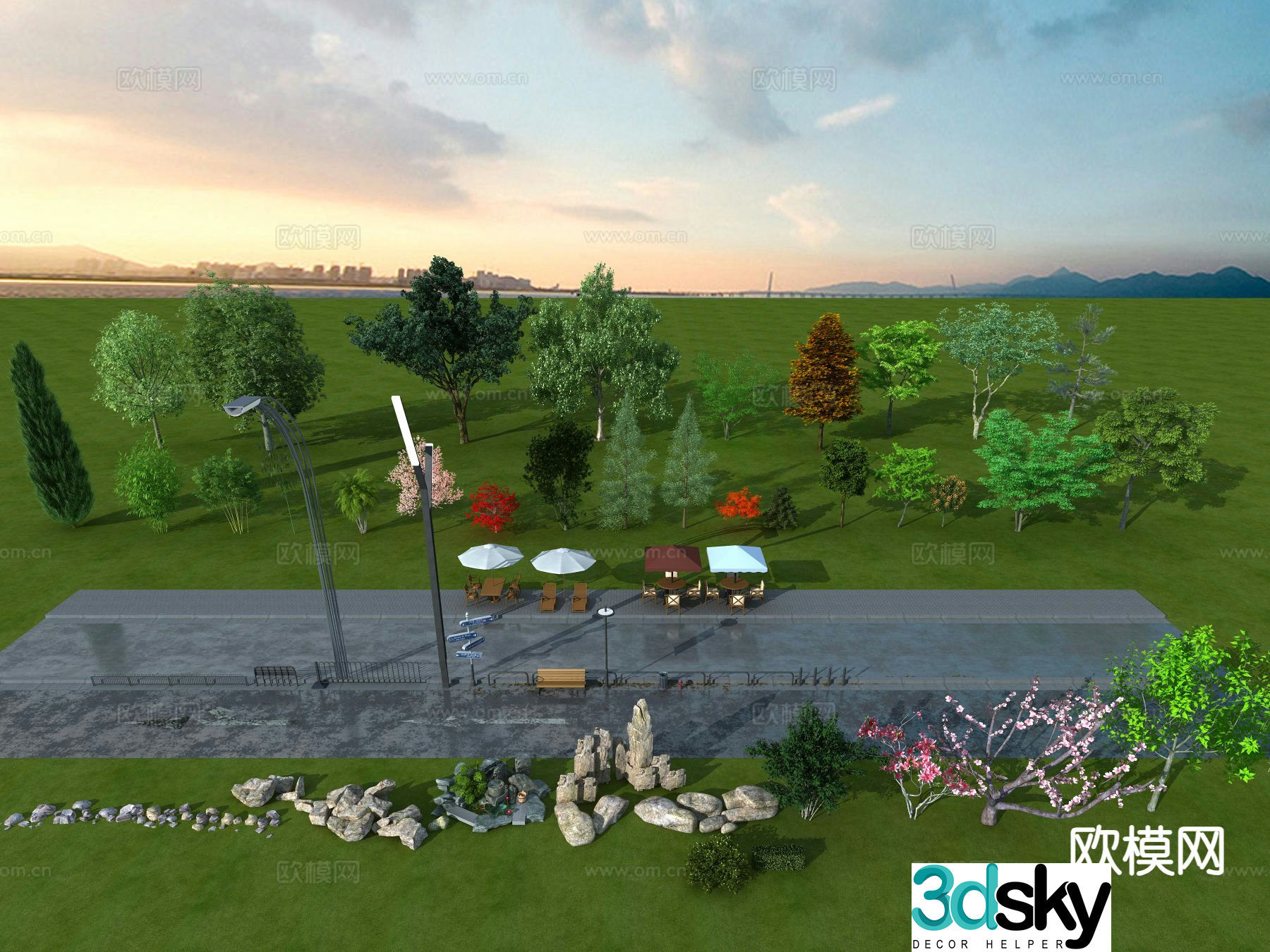 Chinese garden sketch landscape tree street lamp public chair 3D model