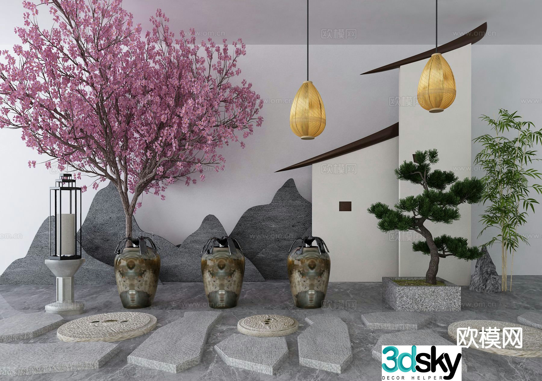 New Chinese style landscape sketch stone steps clay pot 3D model