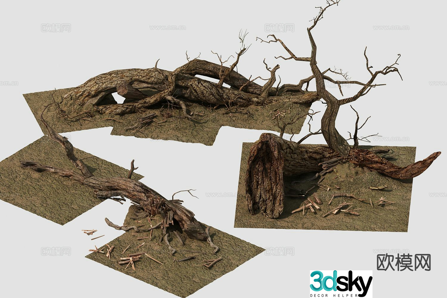 Dead tree trunk soil fallen leaves landscape sketch 3d model