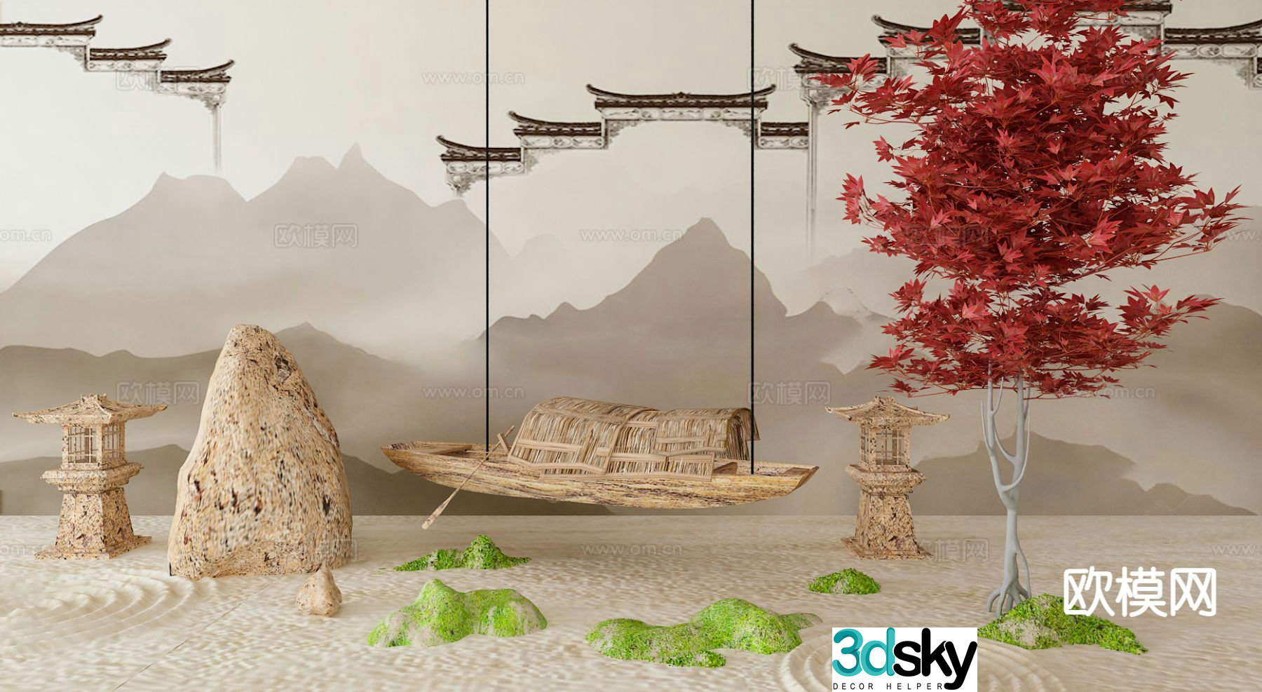 New Chinese style landscape sketch dry landscape folk sketch 3D model
