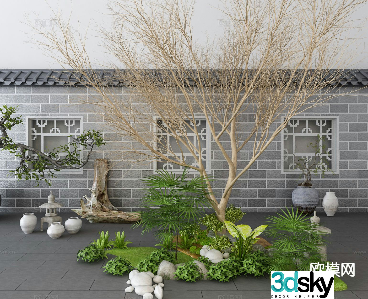 New Chinese style landscape sketch landscape wall folk sketch 3D model