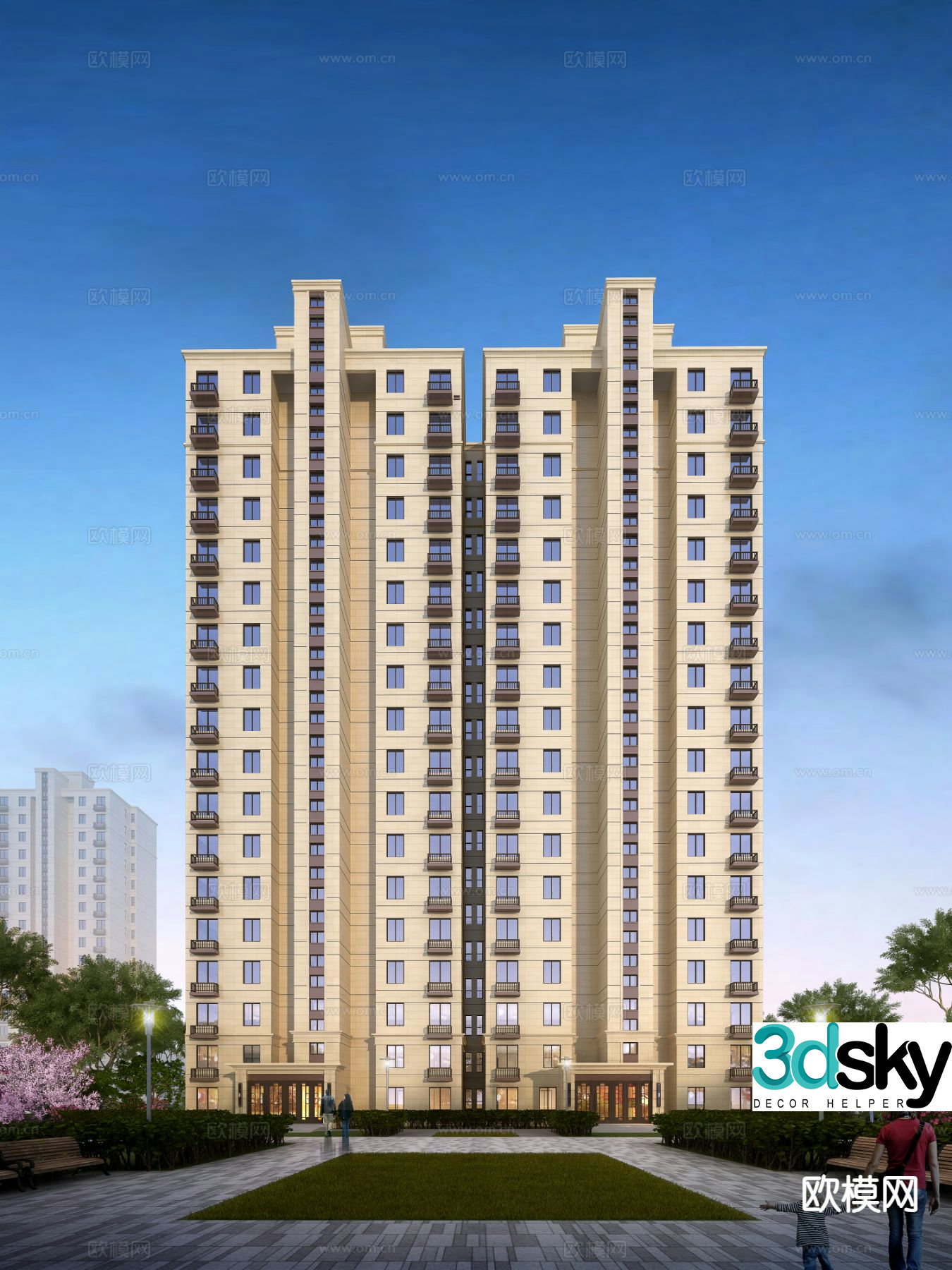 Multi-story residential building exterior 3D model