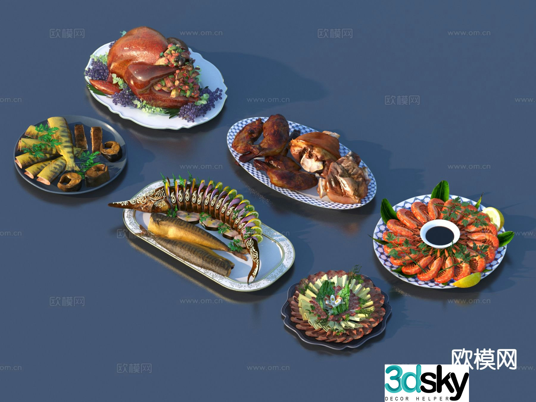 Food Shrimp Grilled Chicken Grilled Fish 3D Model