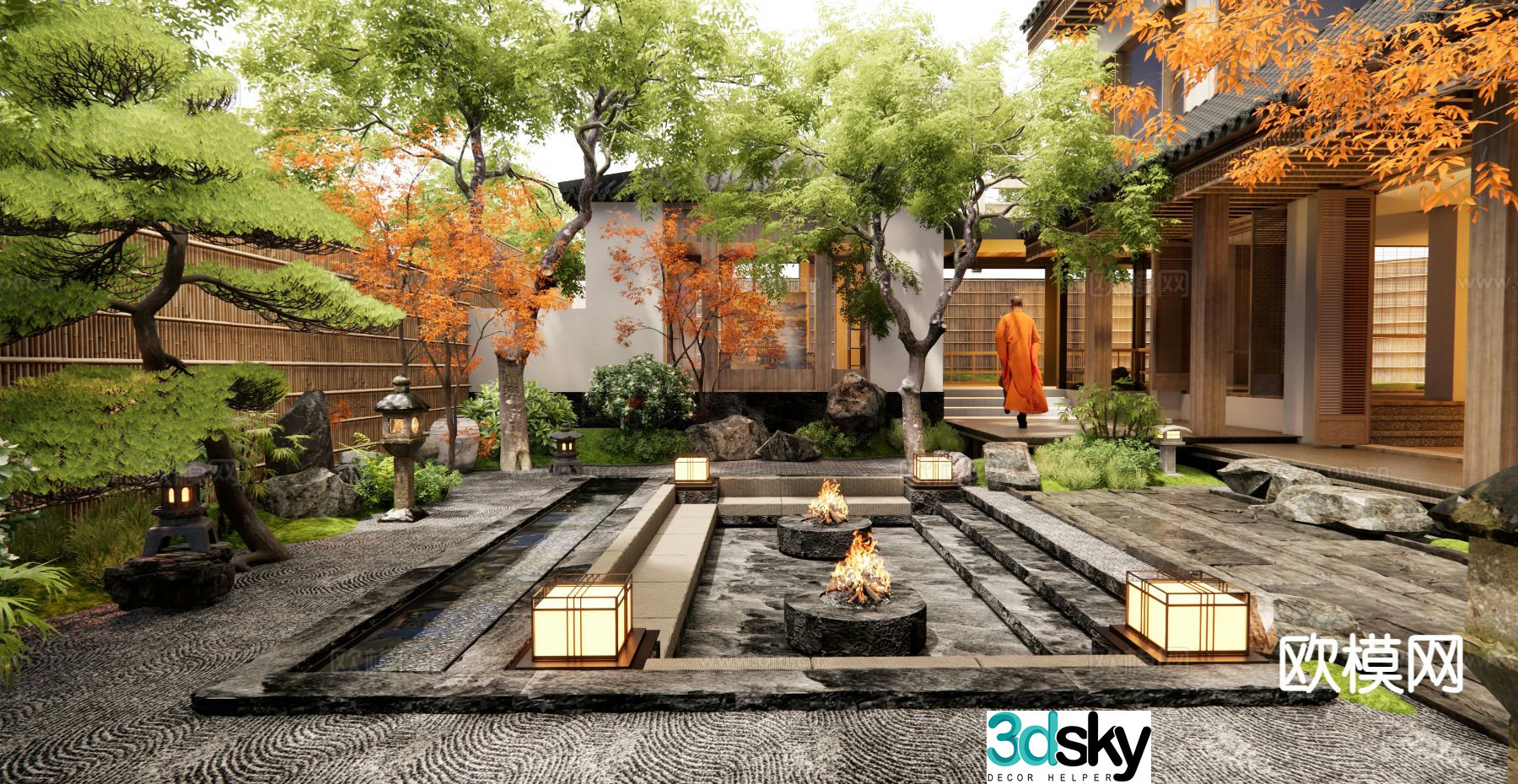 Japanese courtyard landscape rural courtyard home yard 3d model