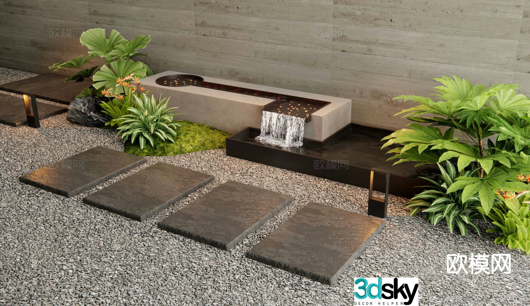 Modern waterscape falling water landscape plant pile 3D model