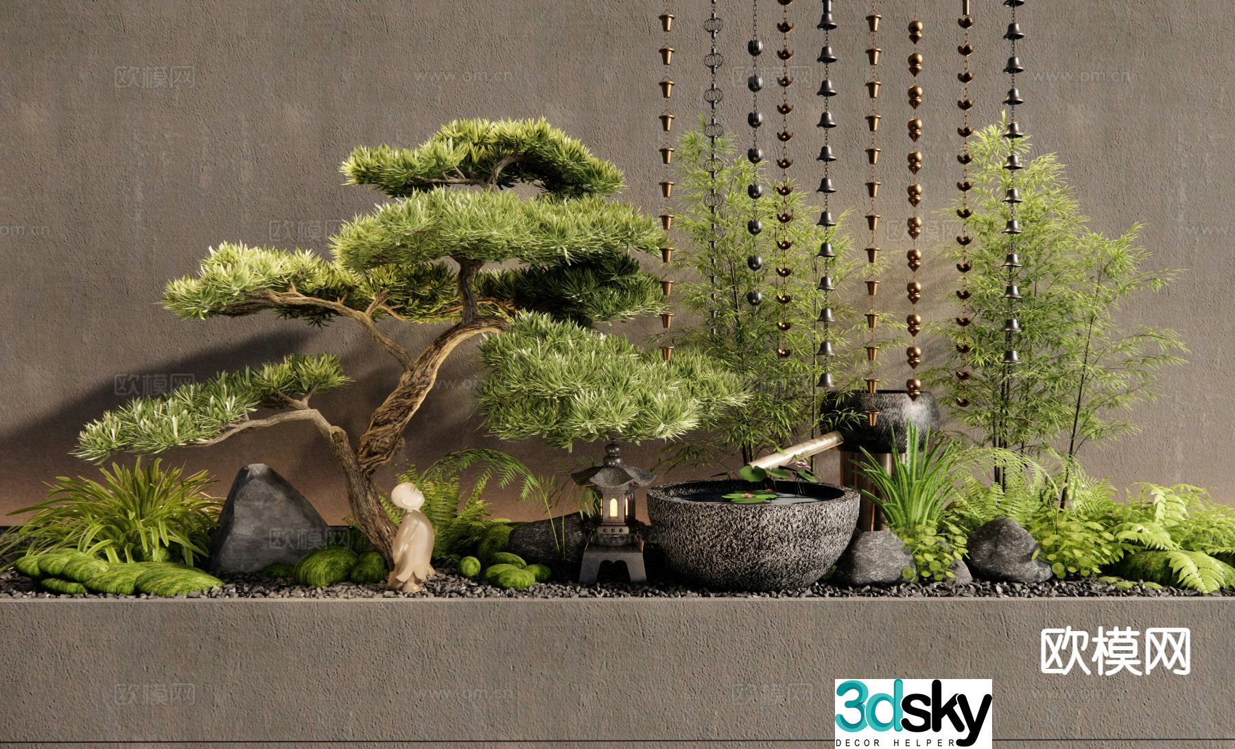 New Chinese style courtyard landscape sketch rain chain water feature 3D model