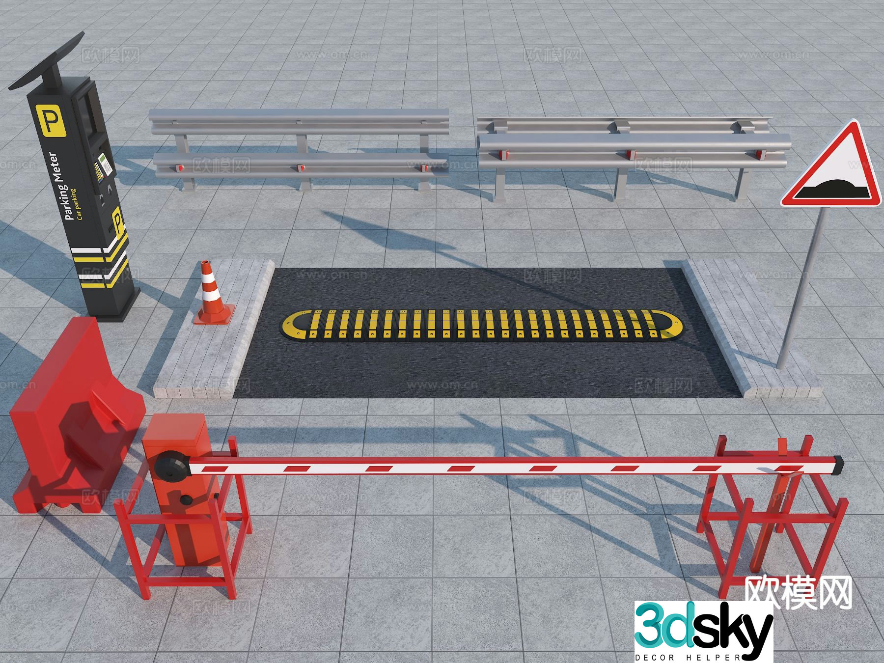 Road facilities, speed bumps, guardrails, roadblocks 3d model