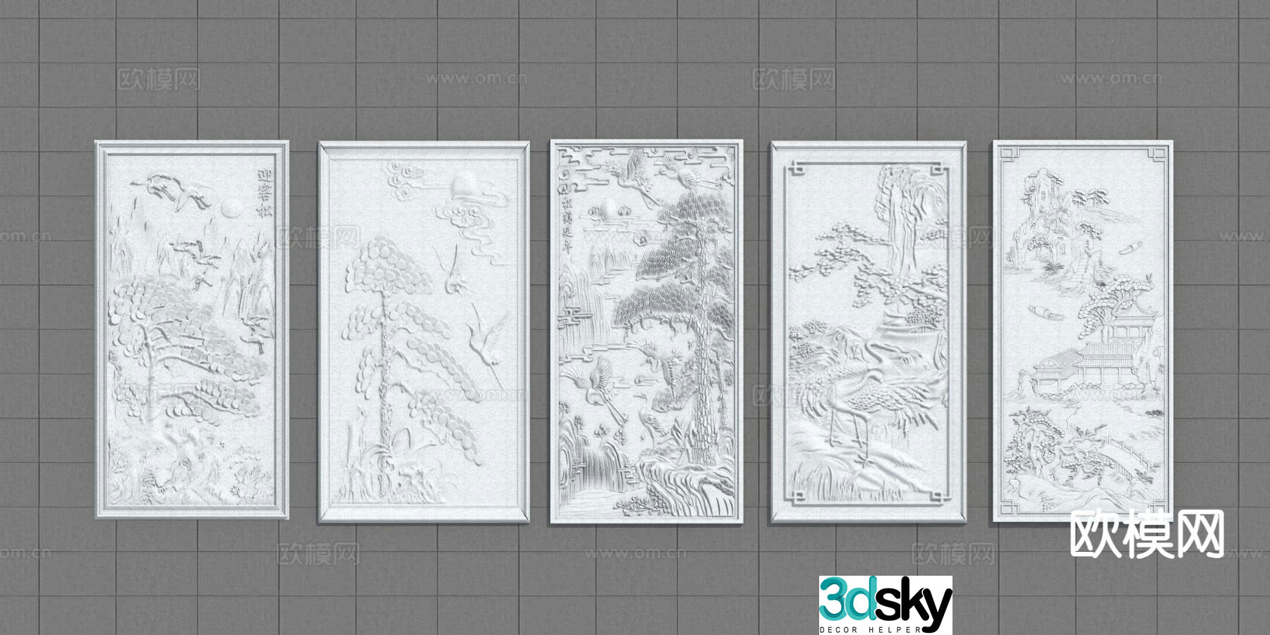 Chinese style relief welcome pine pine crane 3D model
