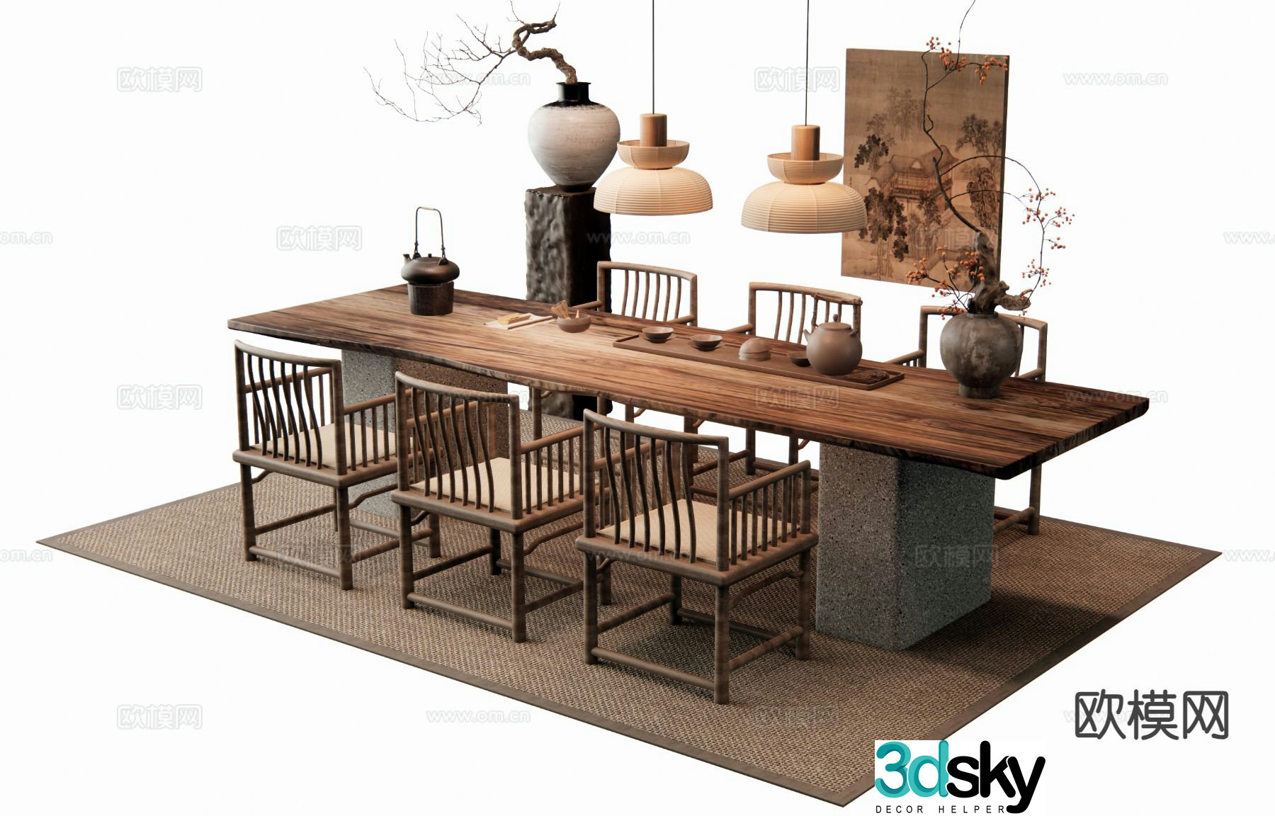 New Chinese-style tea table and chair large-board tea table 3D model