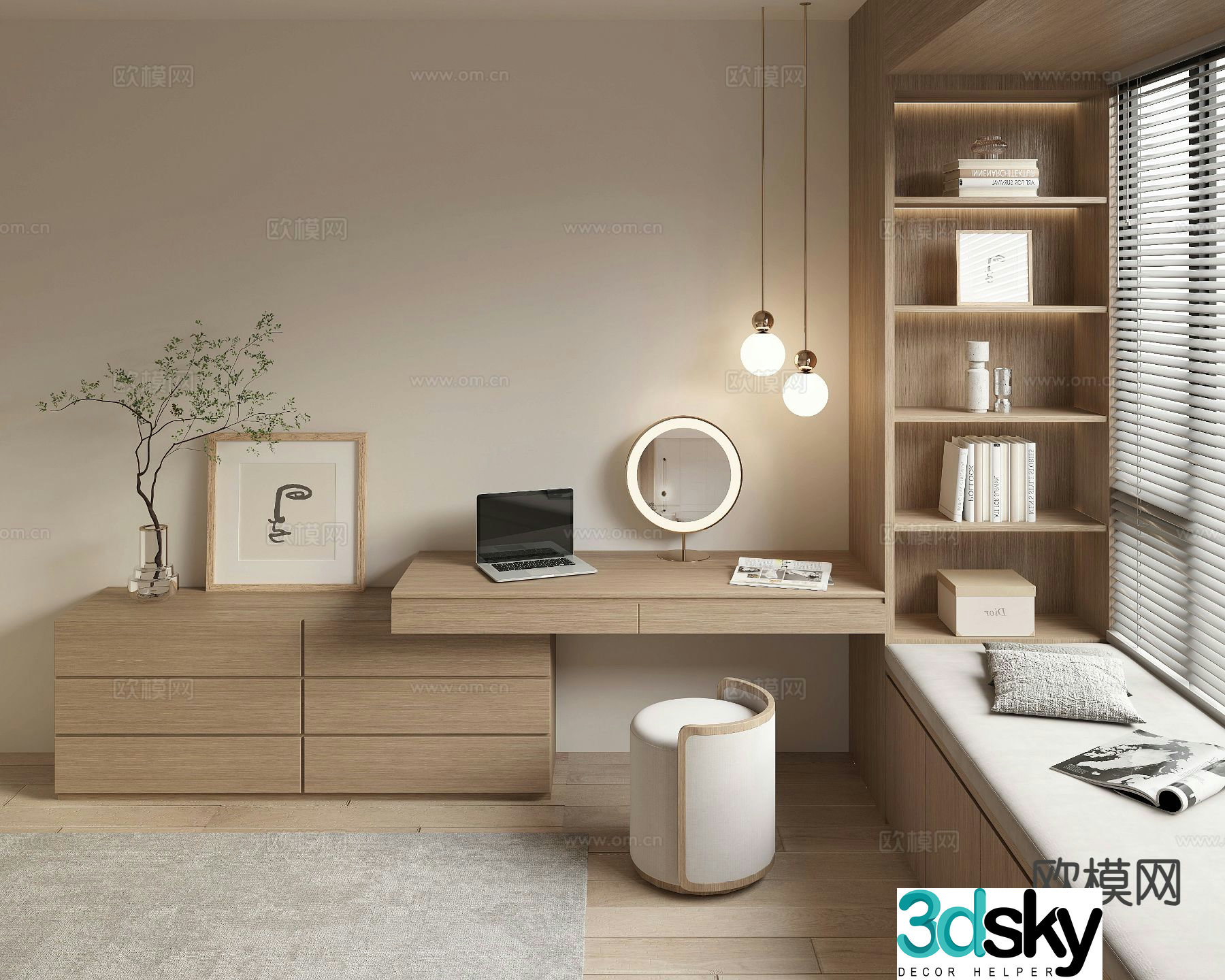 Modern bay window integrated dressing table 3D model
