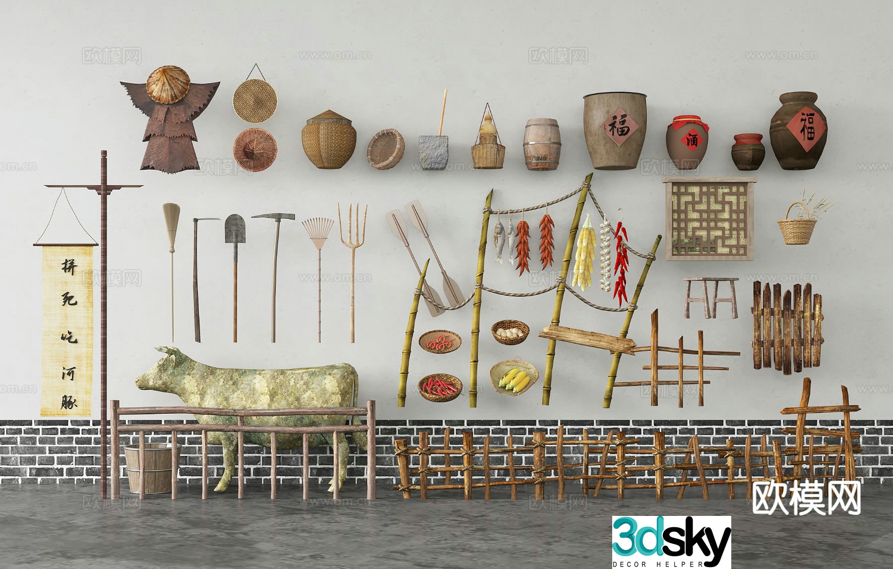 Chinese farm tools sketch rake and shovel folk sketch 3D model