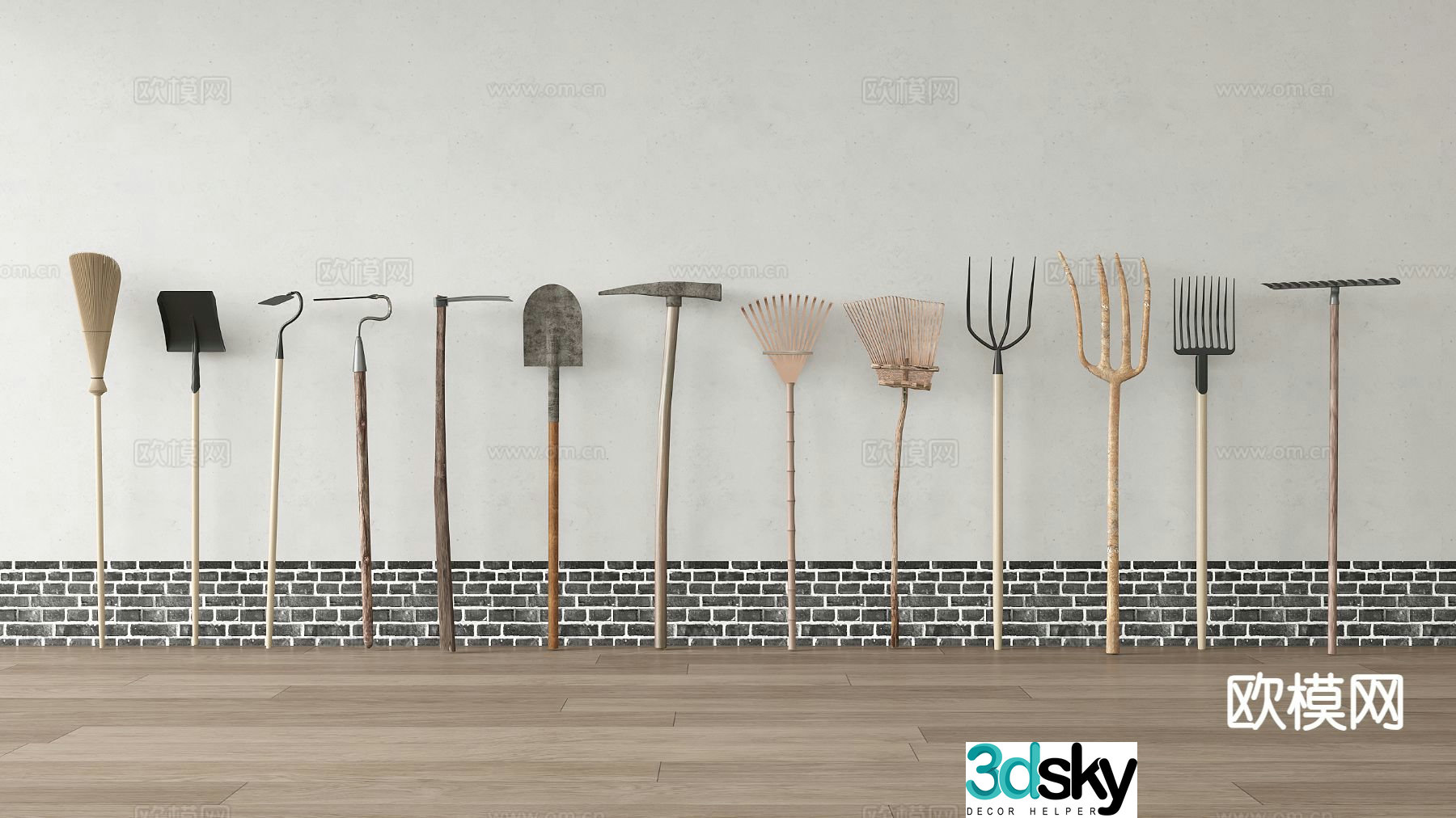Chinese farm tools sketch rake shovel hoe fork 3D model