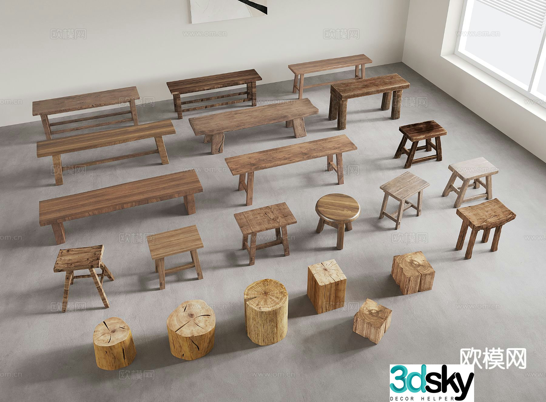 Modern solid wood stool long bench country stool 3D model