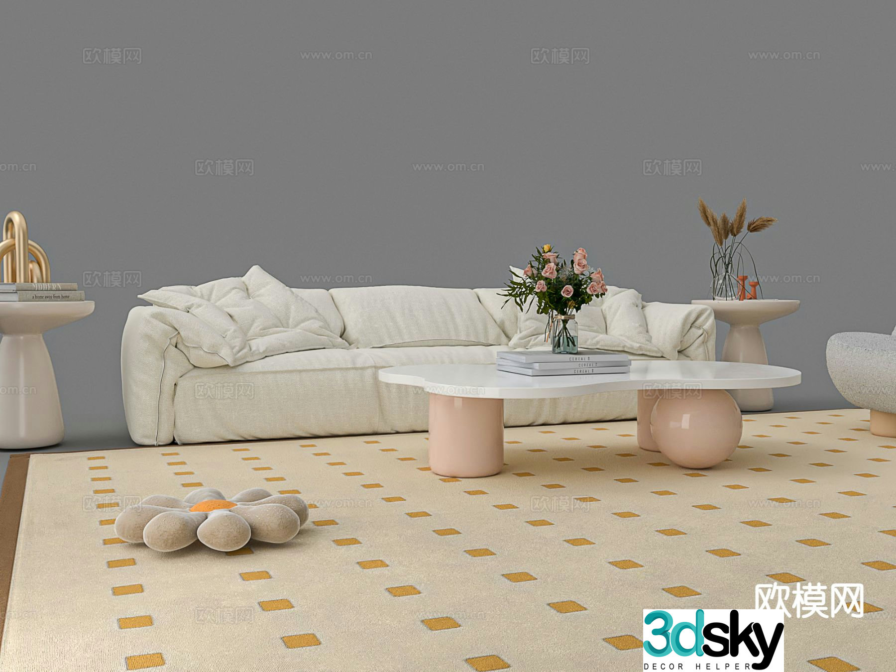 Cream style three-seat sofa Elephant ear sofa 3D model
