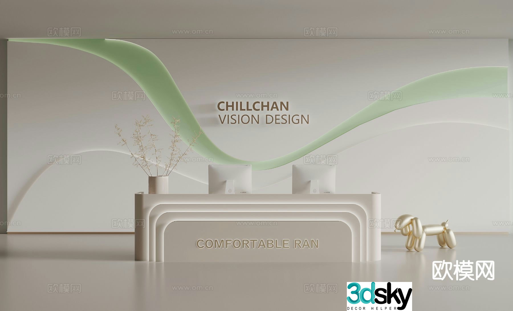 Modern corporate image wall front desk 3d model