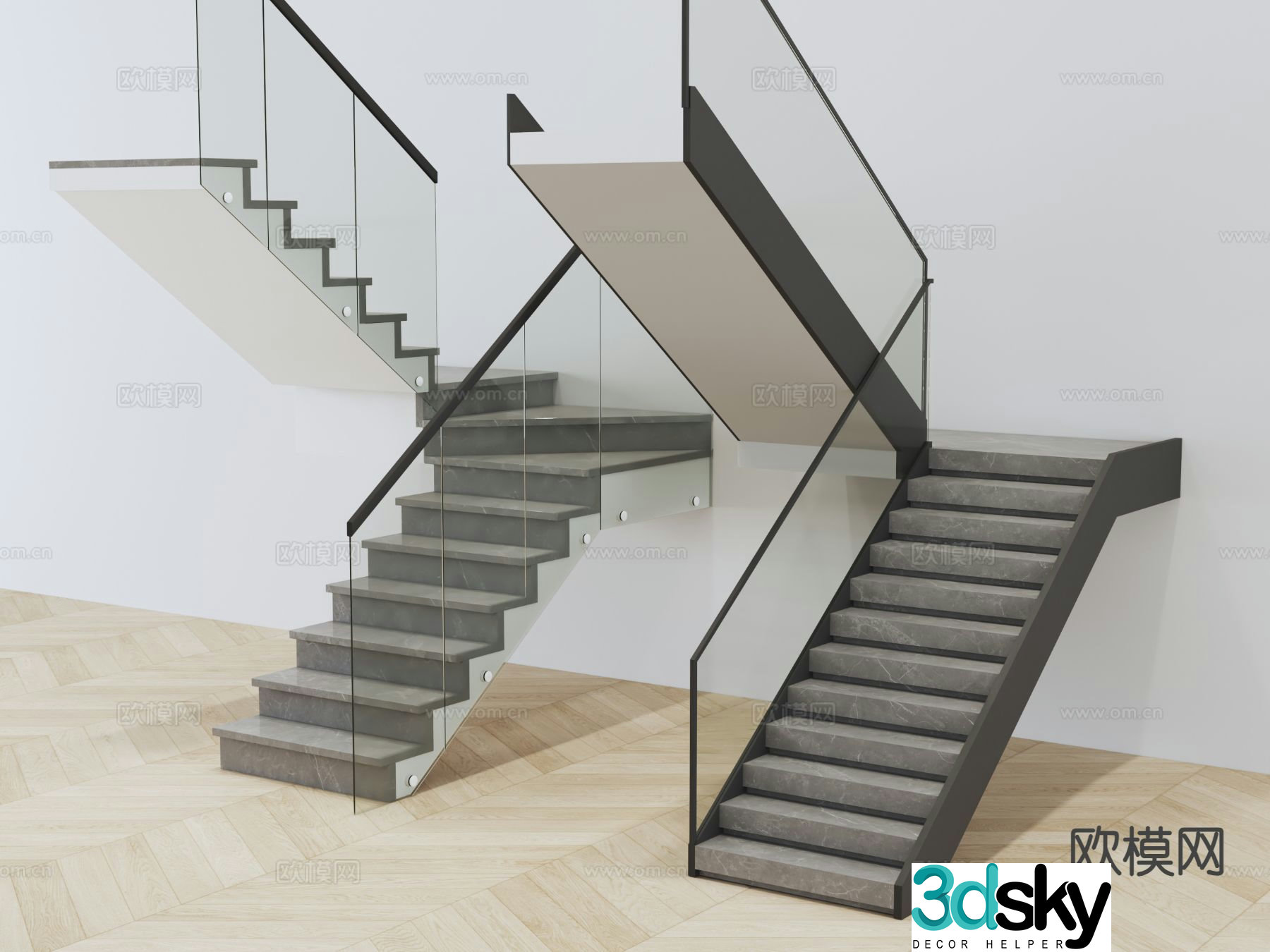 Modern handrail staircase glass handrail staircase 3d model