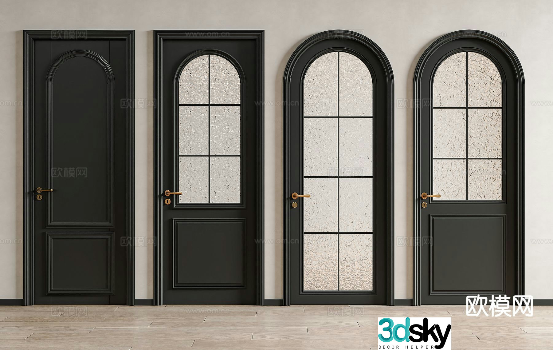 French door arch frosted glass door swing door 3d model