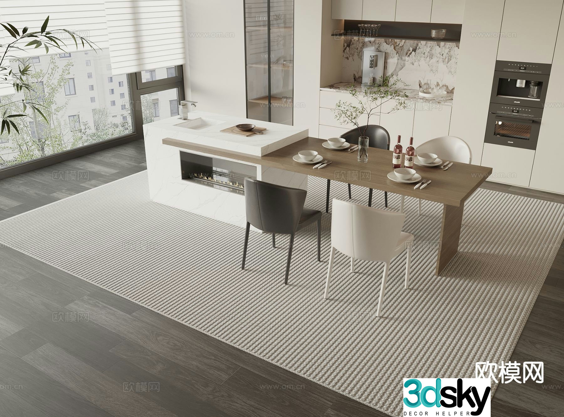 Modern island table dining table and chairs 3d model