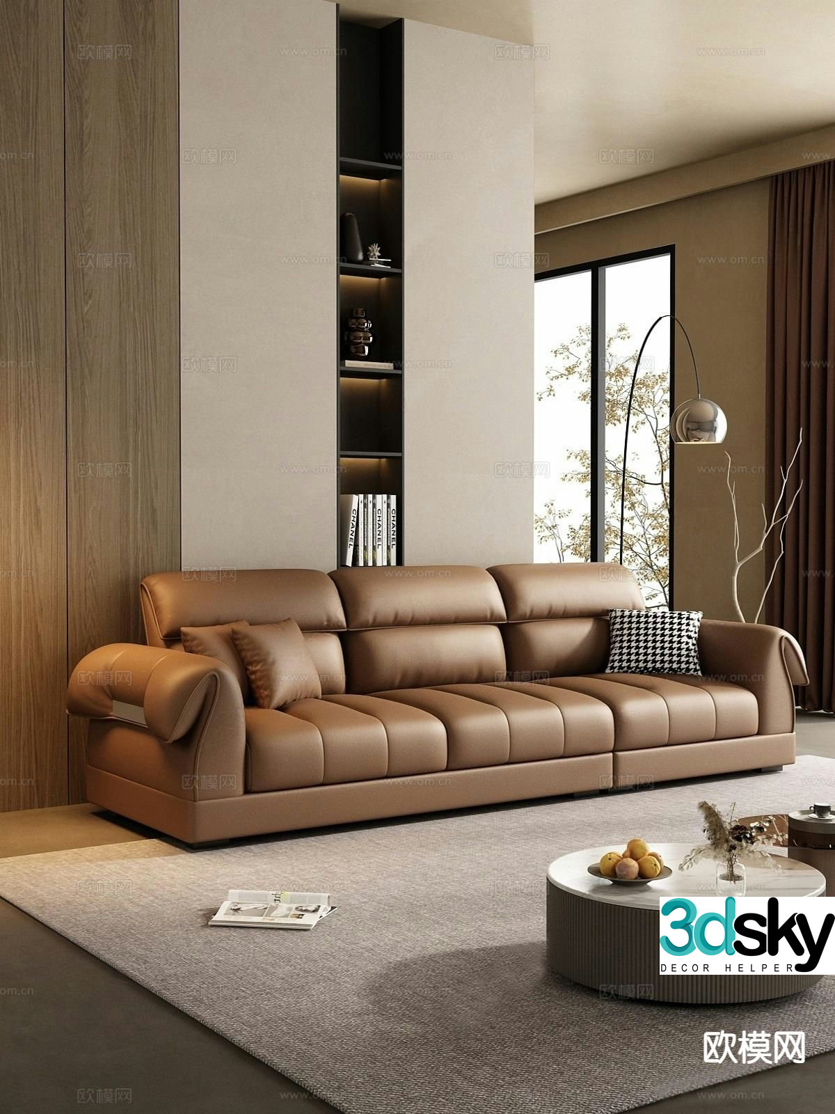 Modern three-person sofa leather sofa 3d model