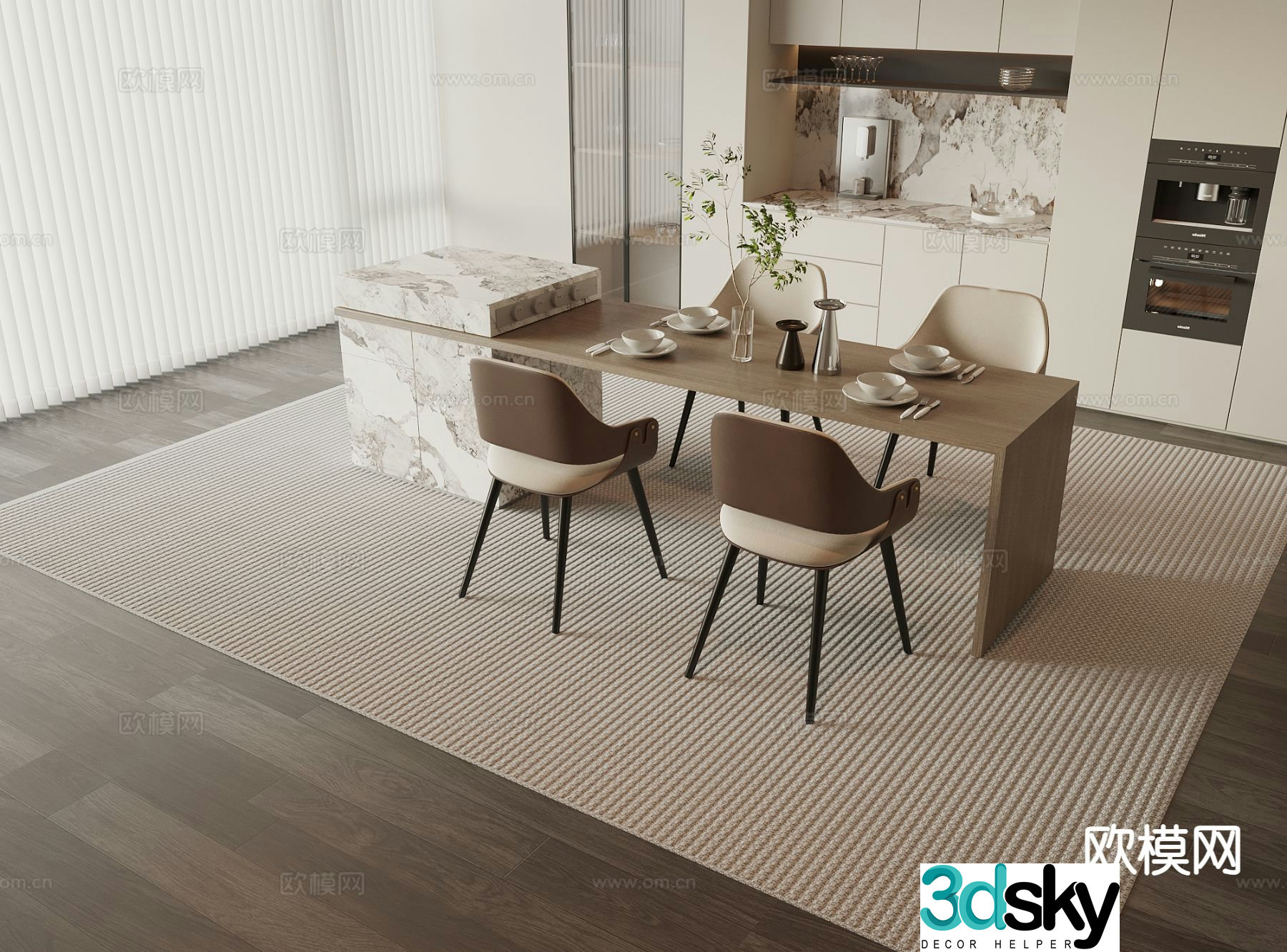 Modern island table dining table and chairs 3d model