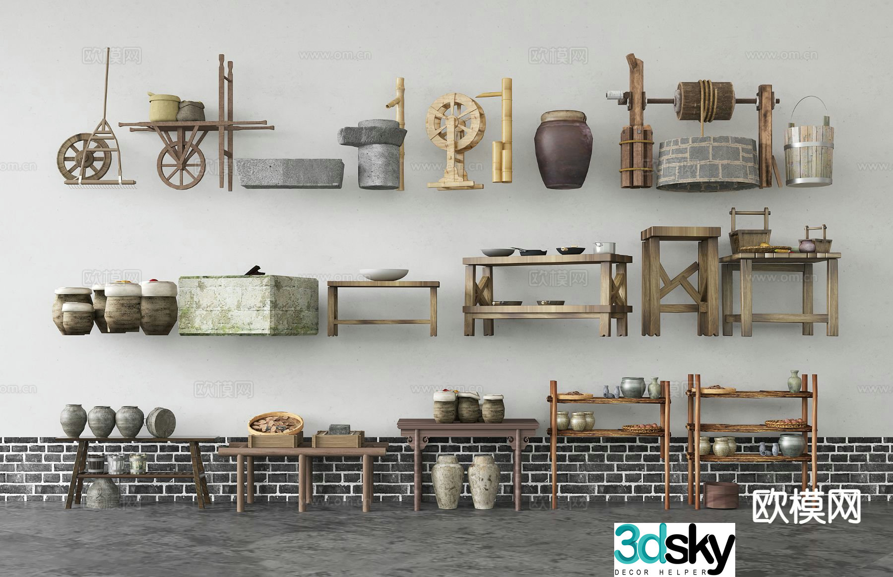 Chinese old wood old wooden shelf tank bucket well wooden cart 3D model