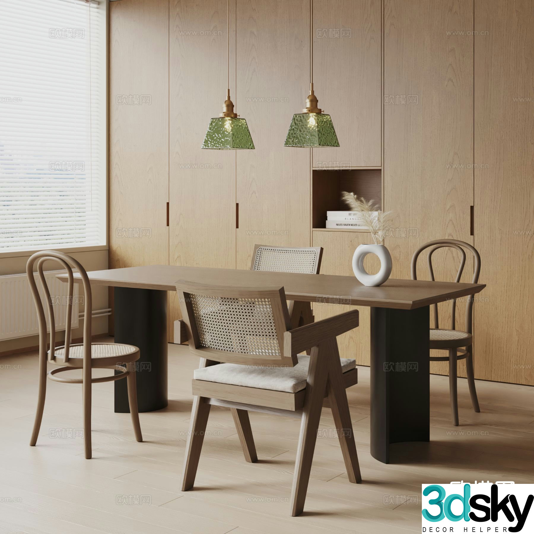 Wabi-sabi style dining table and chairs 3d model