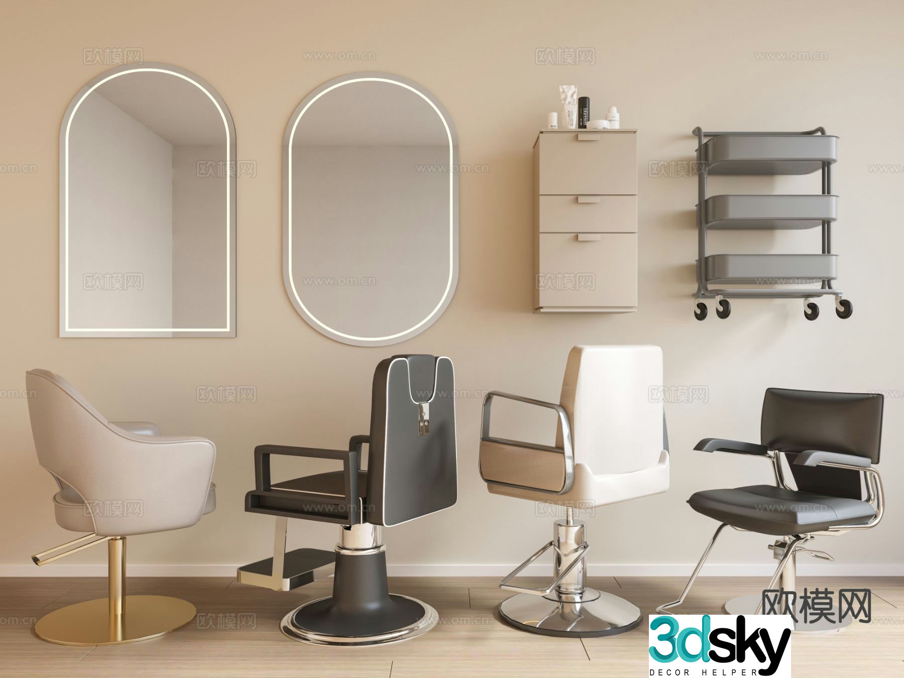 Modern barber equipment barber lift chair mirror barber trolley 3d model
