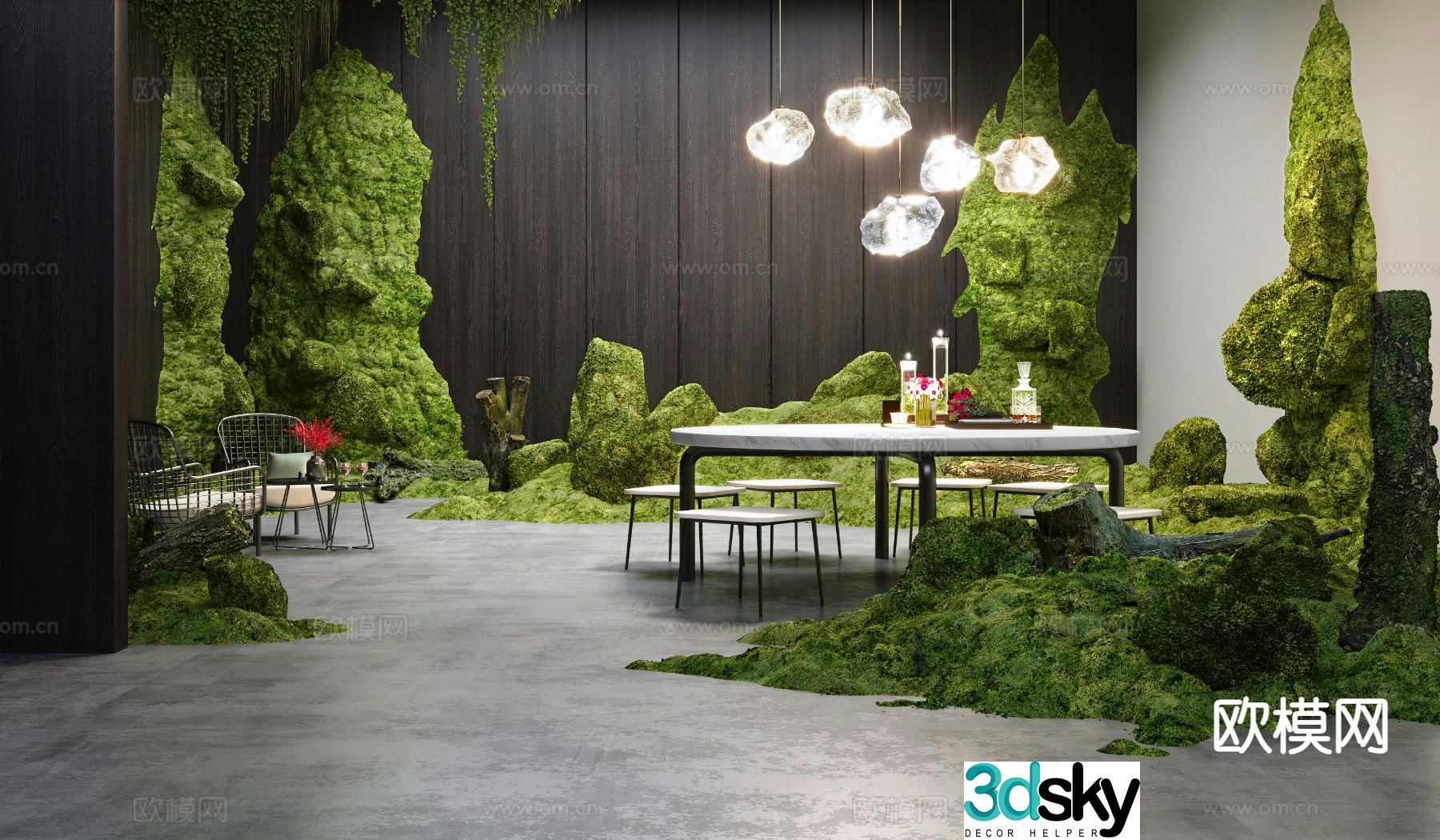 Modern interior landscaping moss dead wood landscaping 3d model