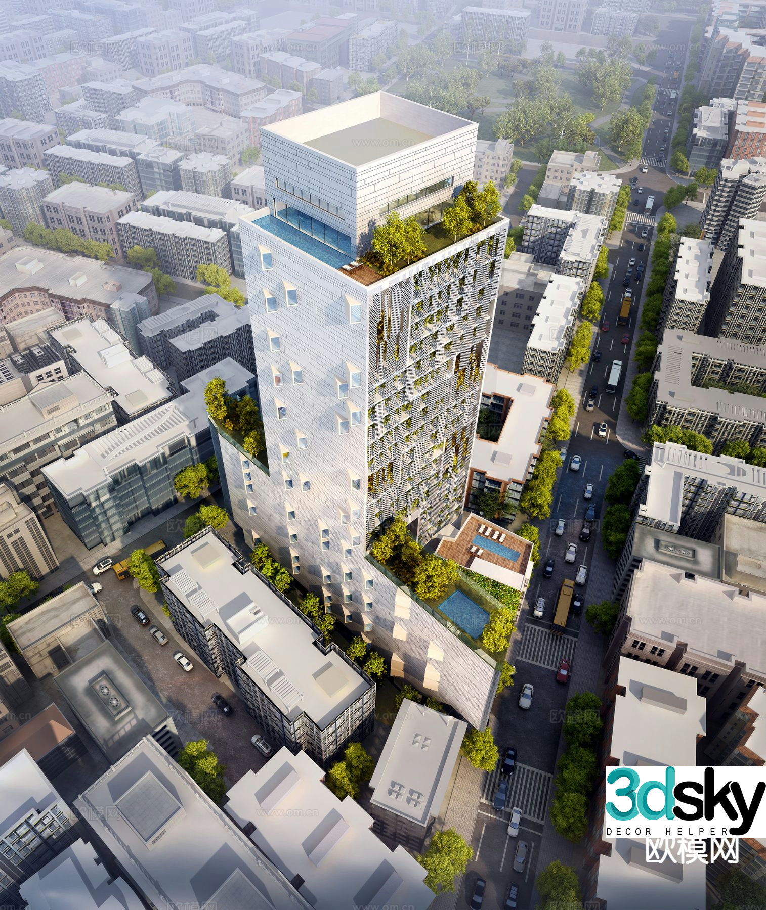 Aerial view 3d model of high-rise office building