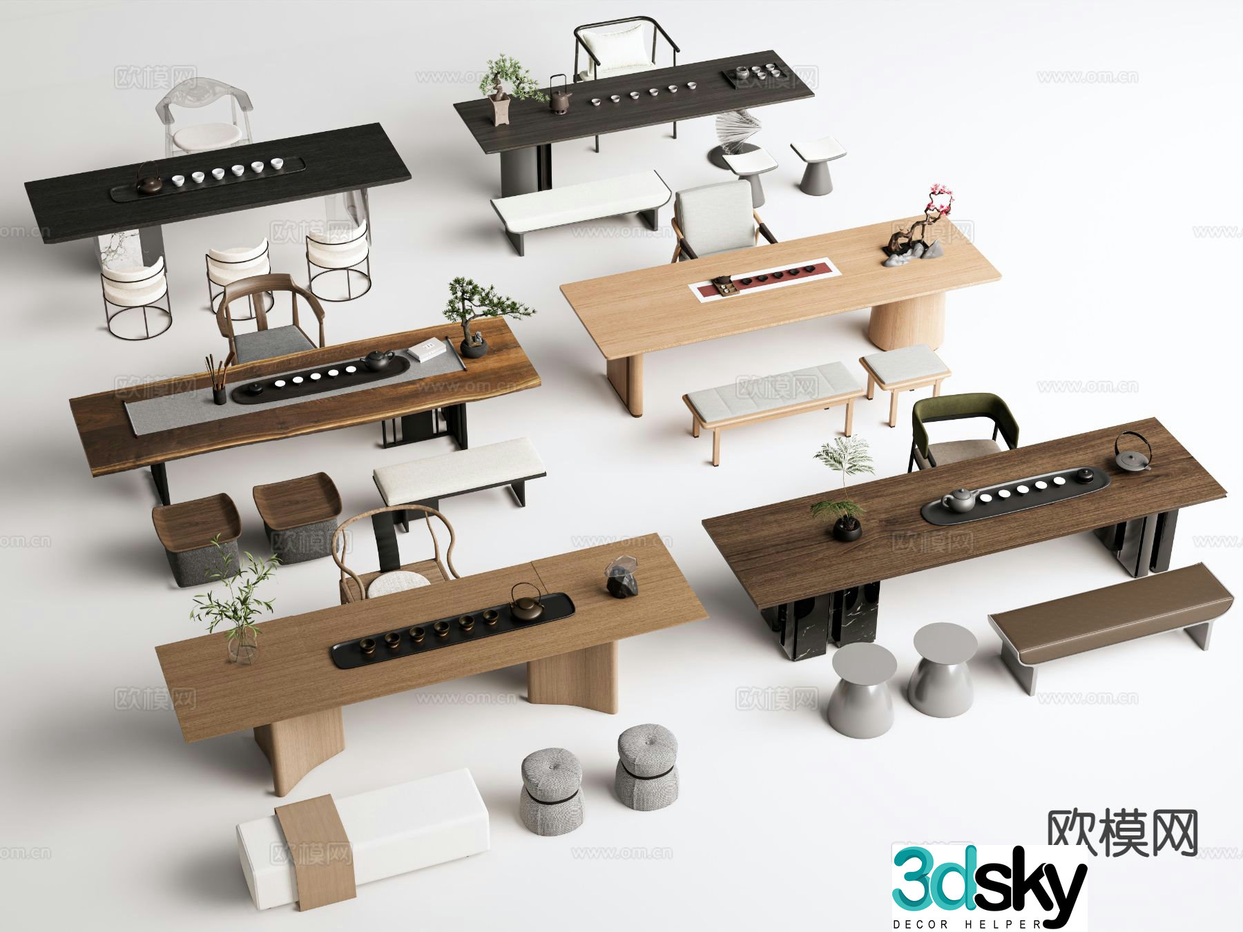 New Chinese tea table and chairs 3d model