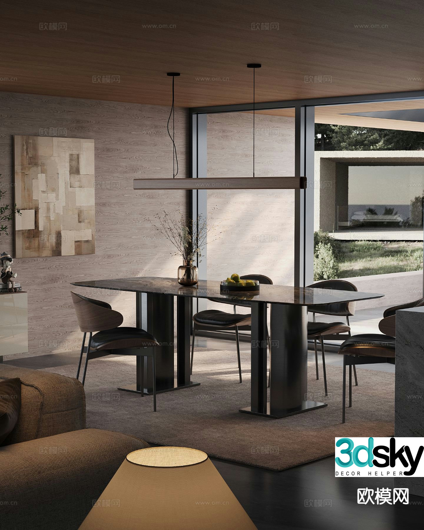 Italian long dining table and chairs 3D model