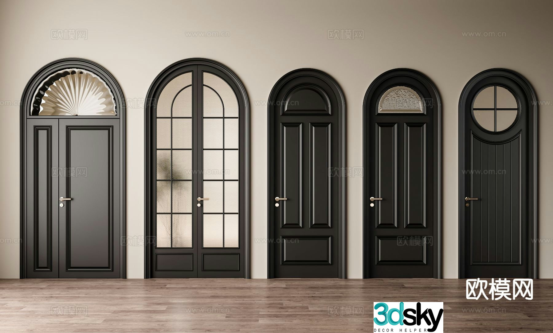 French arched doors swing doors wooden doors glass doors 3D model