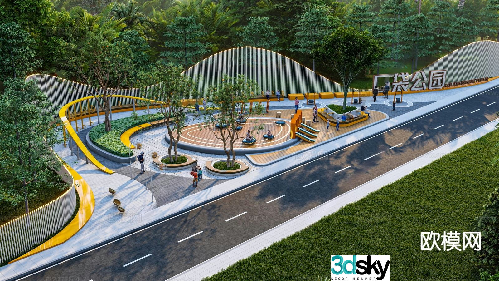 Modern pocket park street corner green space park 3d model