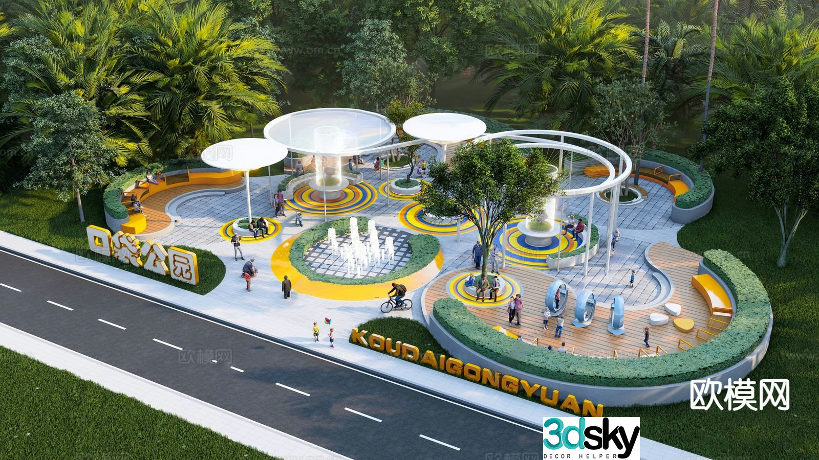 Modern pocket park street corner green space park 3d model