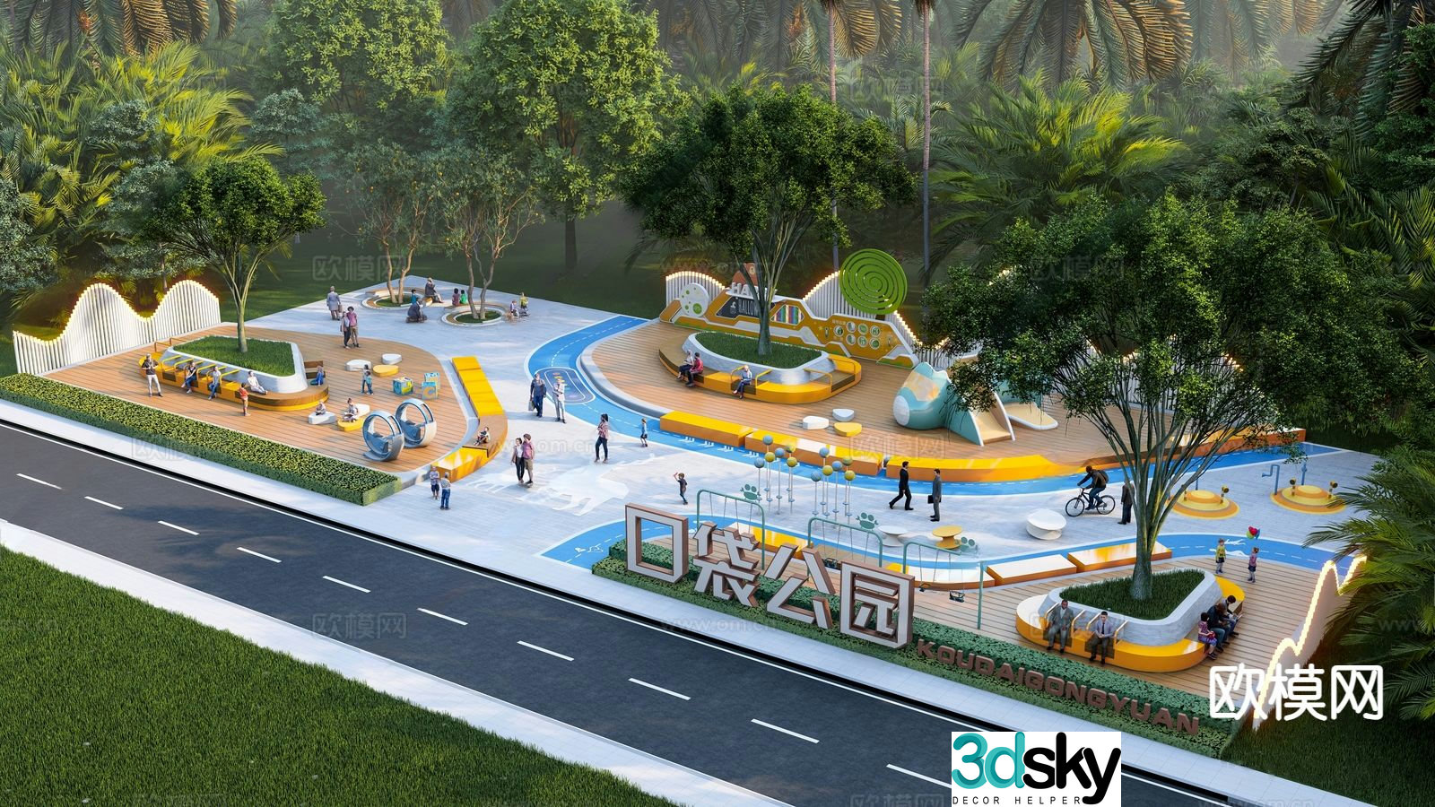Modern pocket park street corner green space park 3d model