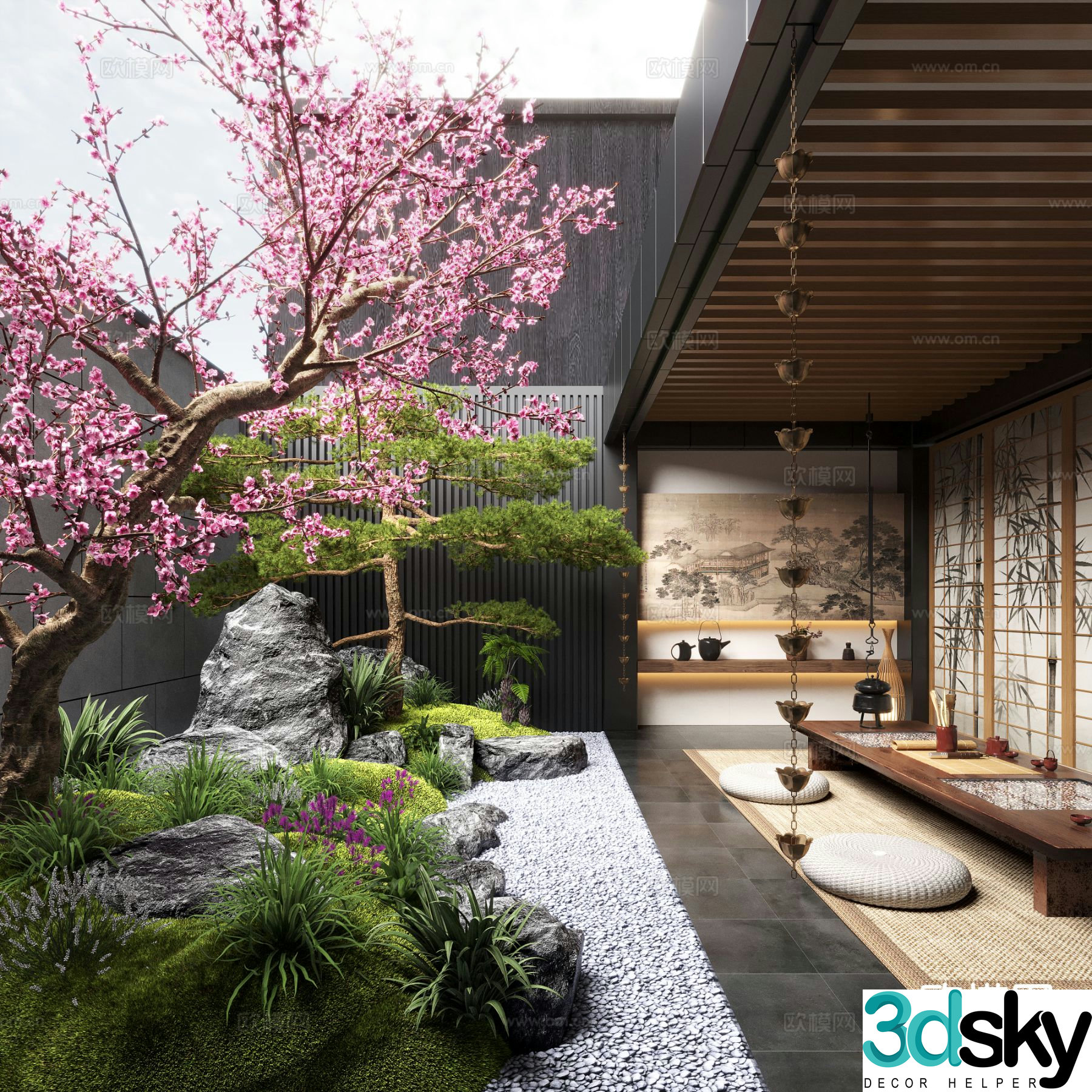 New Chinese Zen Patio Courtyard Landscape Peach Blossom 3D Model