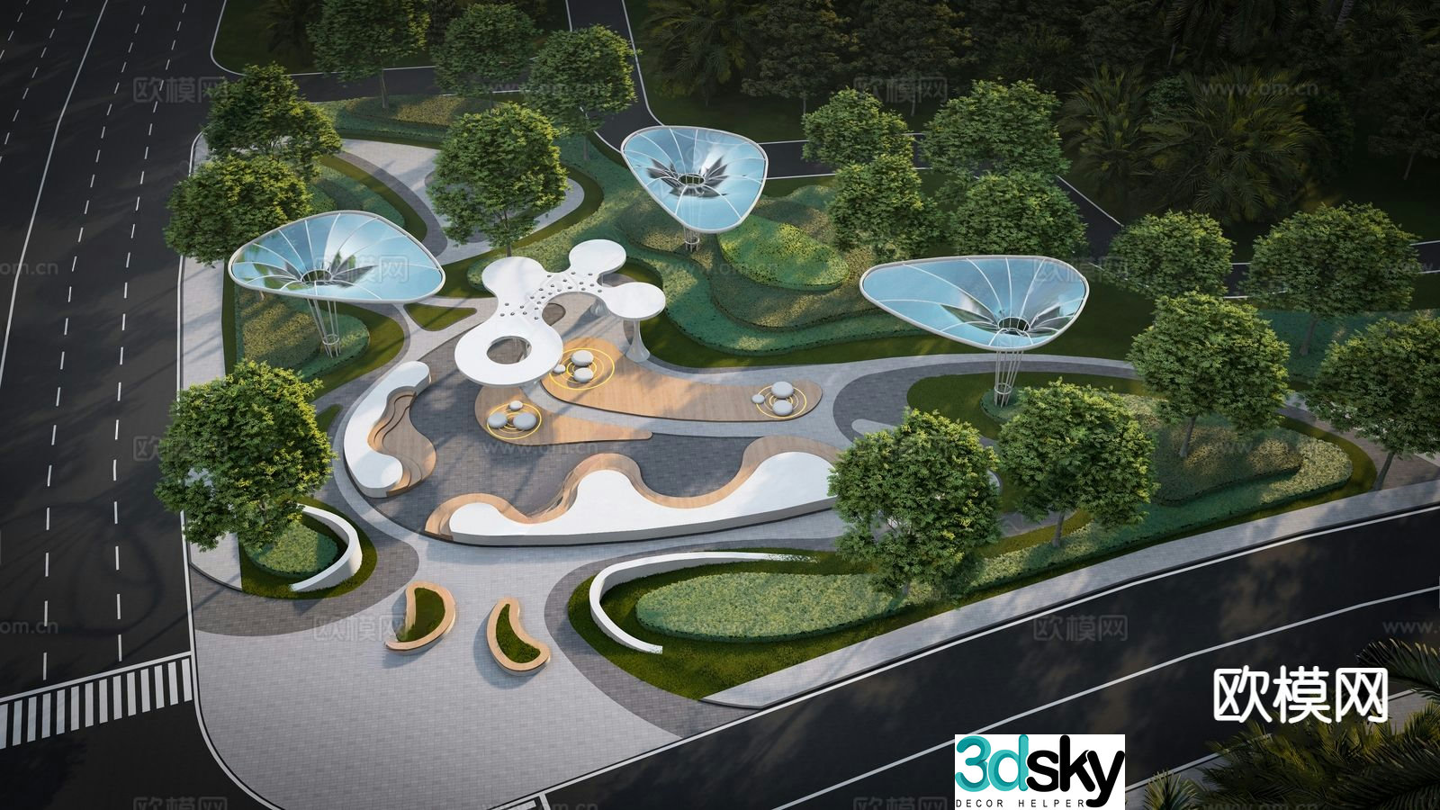 Modern curve pocket park street corner green space park 3d model