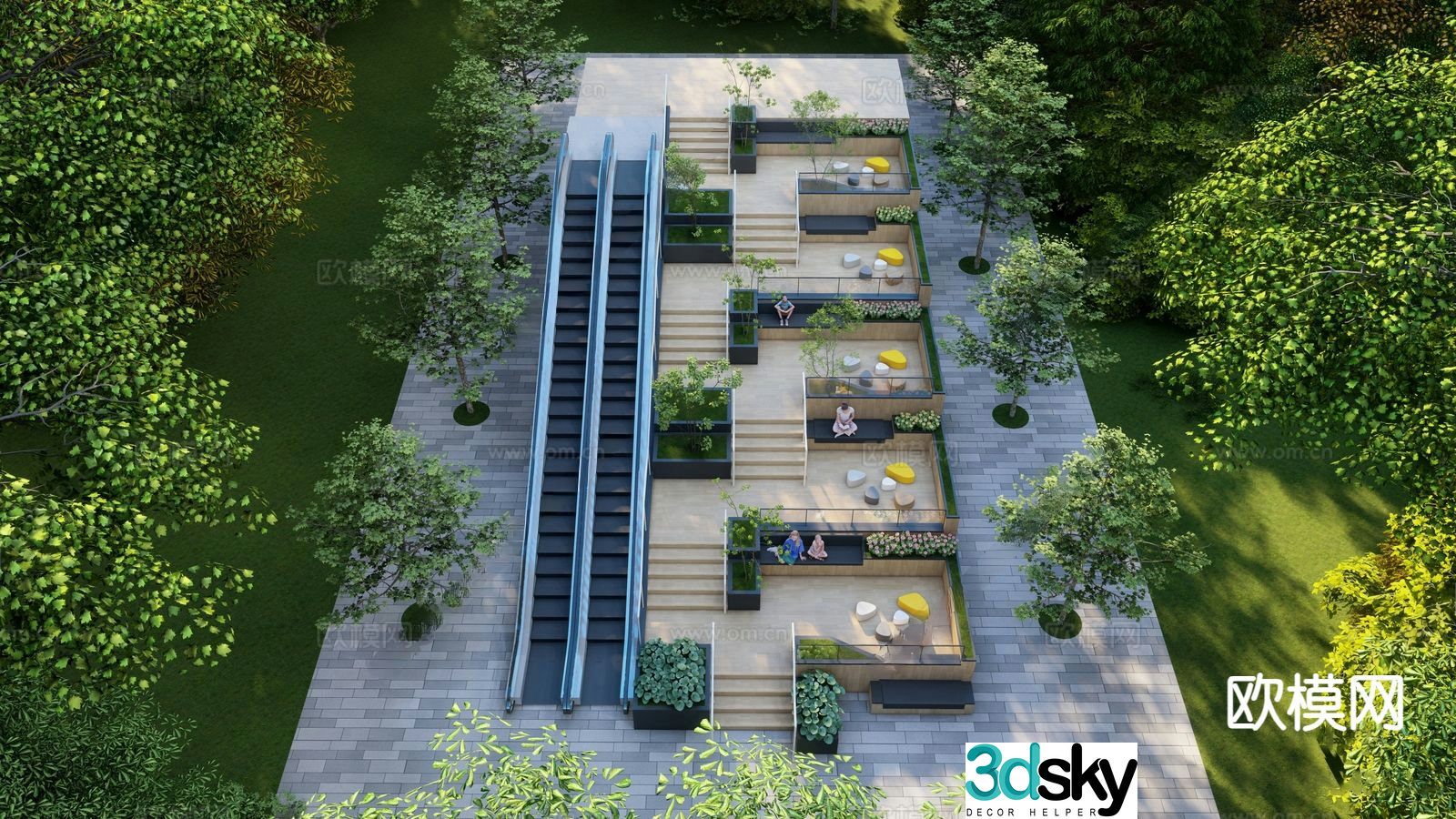 Modern steps landscape extra long elevator commercial street sunken steps 3D model