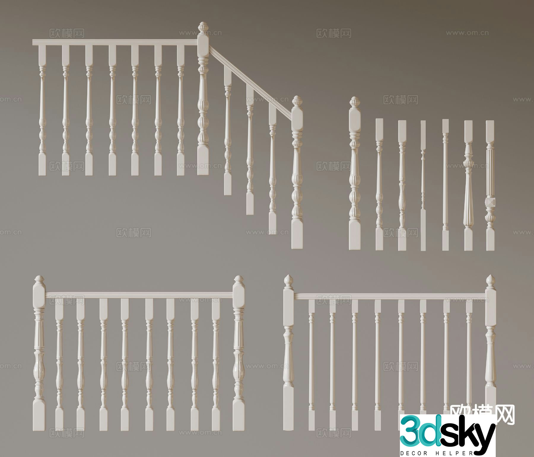 French railings Stair guardrail Solid wood guardrail 3d model