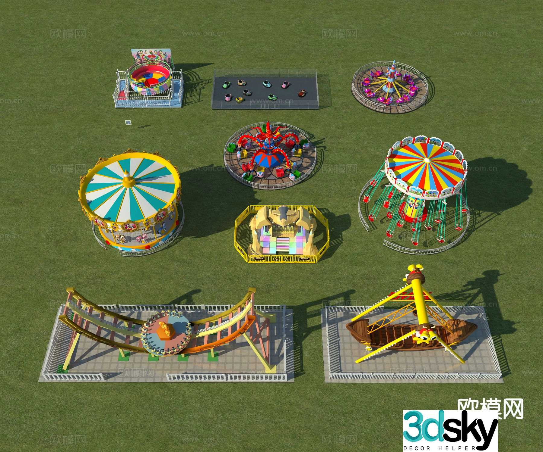 Carousel, pirate ship, bumper car, amusement park facilities 3d model
