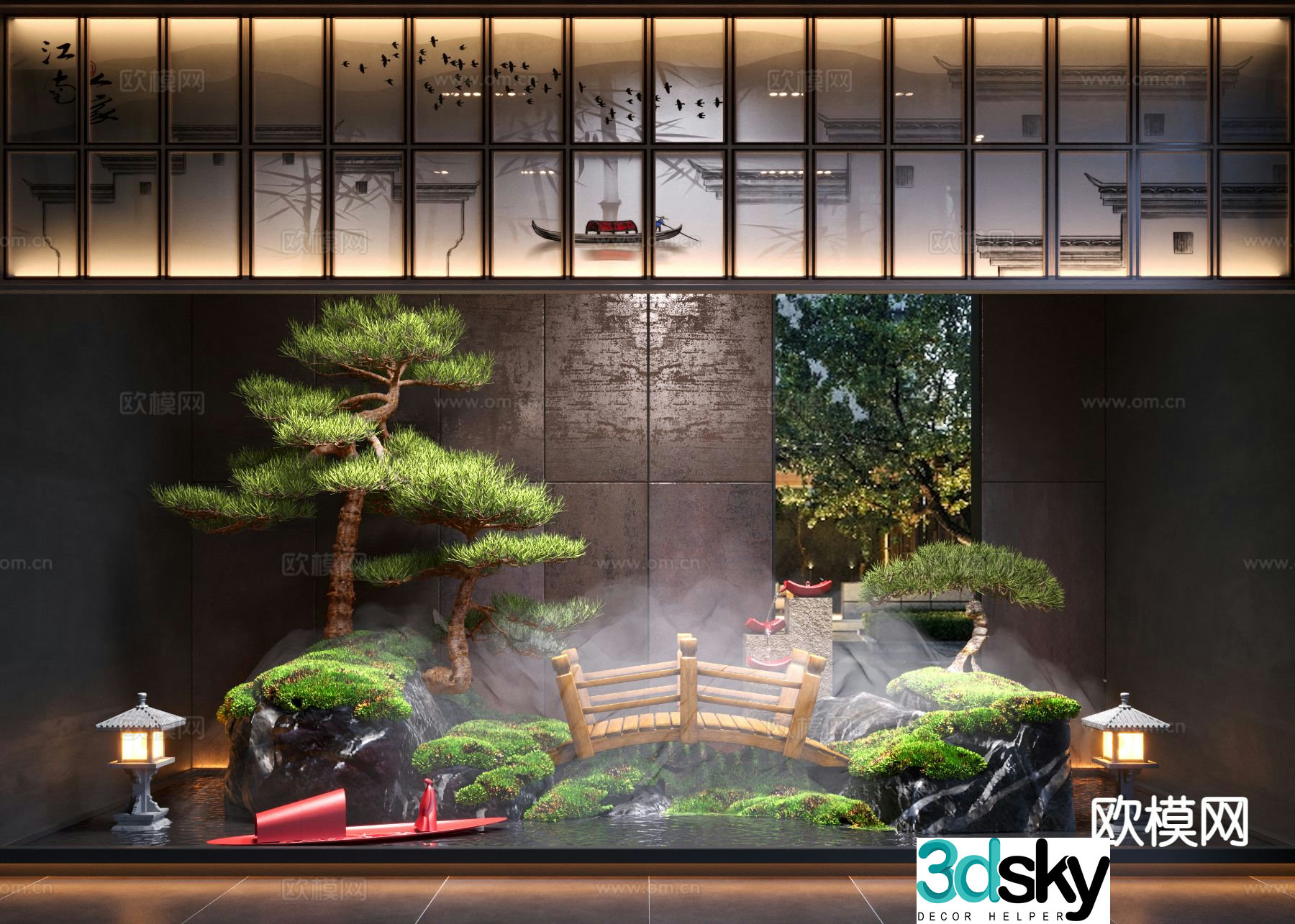 New Chinese style interior landscape pine tree sketch 3D model