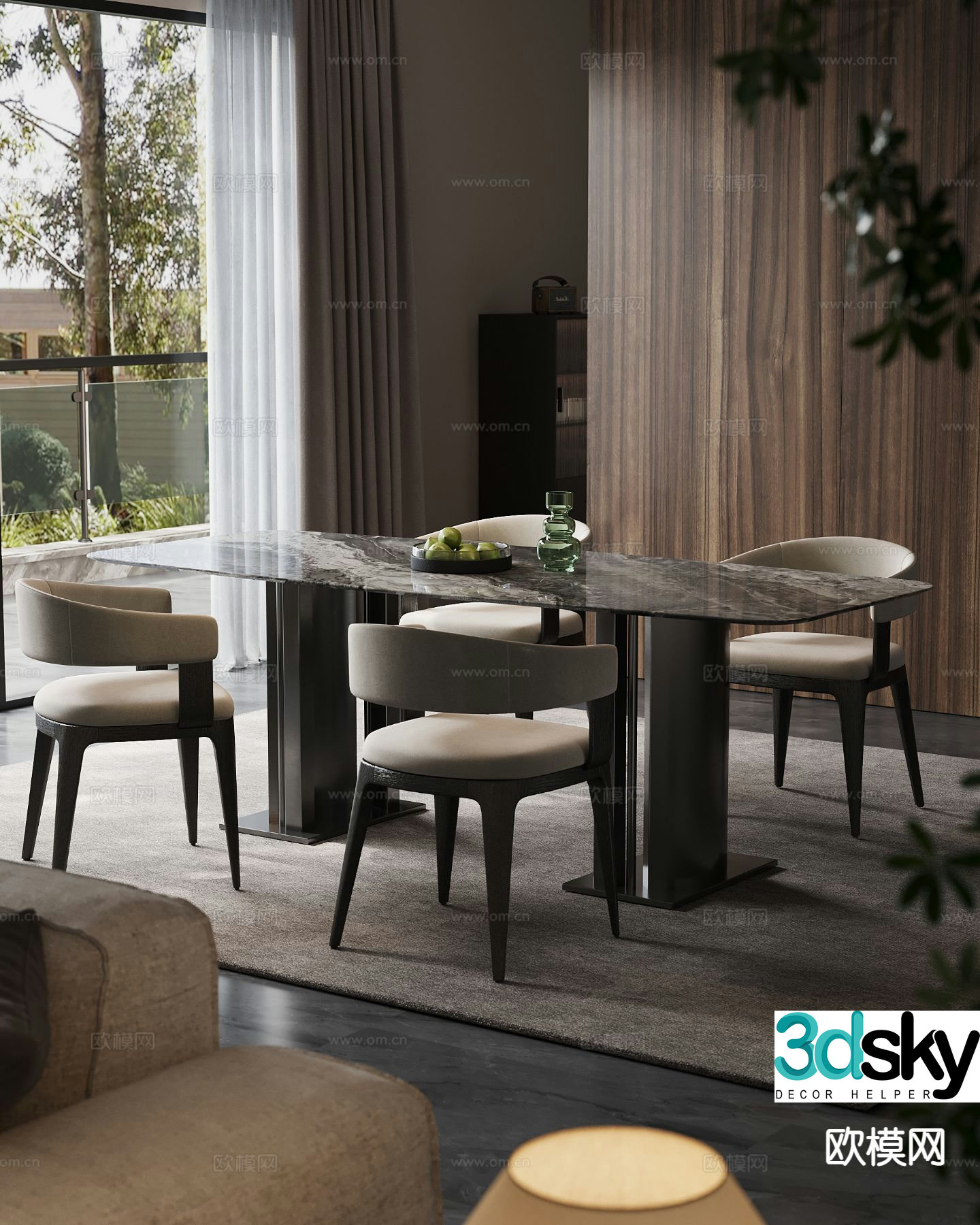 Italian long dining table and chairs 3D model