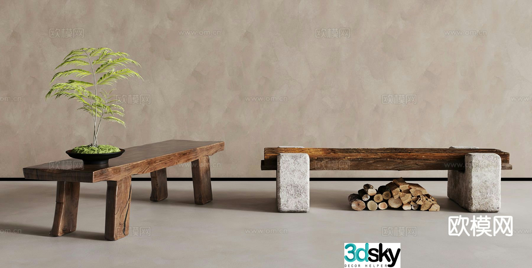 Wabi-sabi style stool rough stone bench 3D model