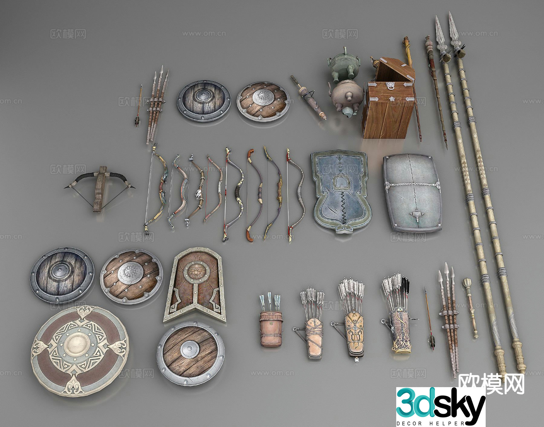 Chinese weapons sword slave bow and arrow shield 3d model