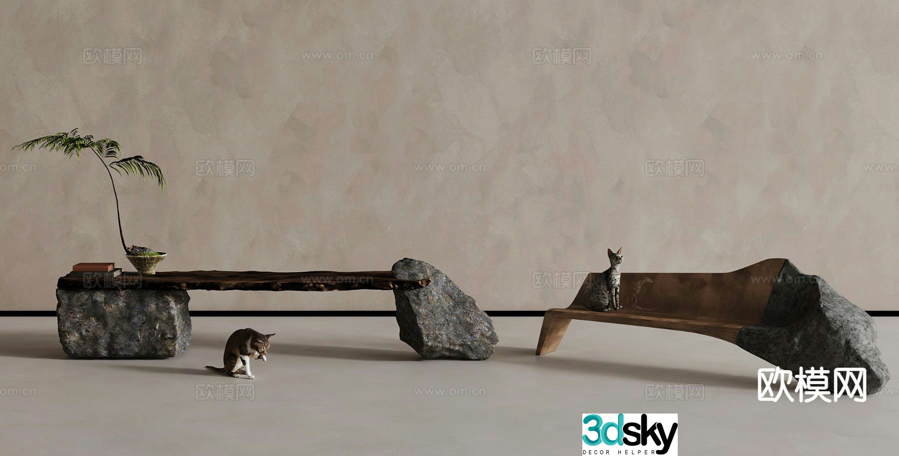 Wabi Sabi stool rough stone bench 3d model