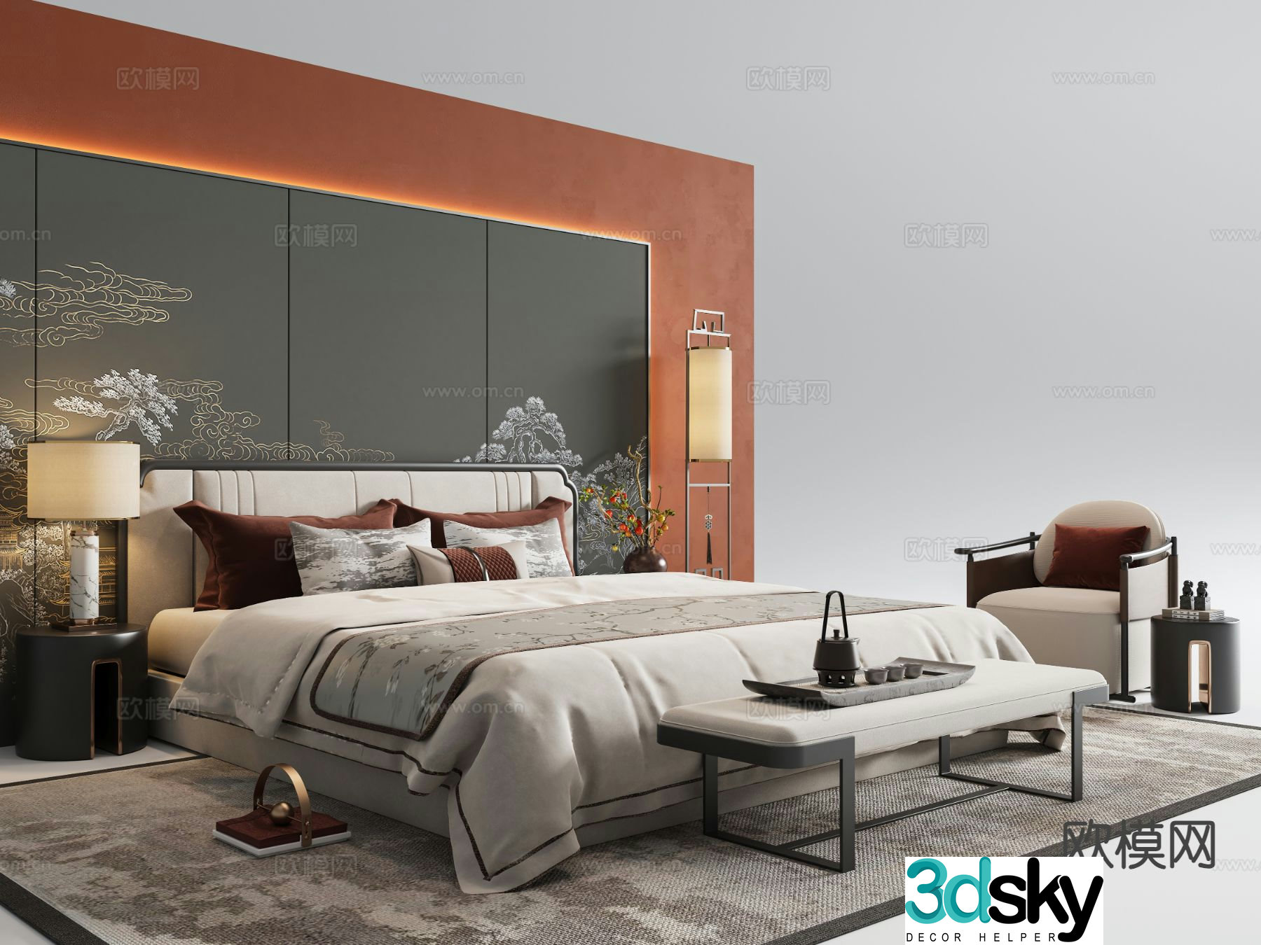 New Chinese style double bed 3d model